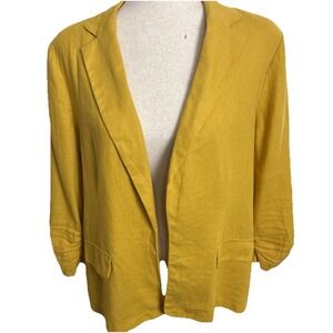 NYCC Linen Blend Blazer Womens Large Yellow Ruched Sleeve Classic Euro Summer